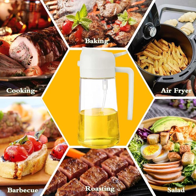 Oramo Oil Sprayer For Cooking, 16oz/470ml Glass Olive Oil Sprayer for Cooking with Stickers, 2 in 1 Oil Dispenser for Kitchen Gadgets, Food Grade Premium Spray Bottle with Portion Control. (Beige)