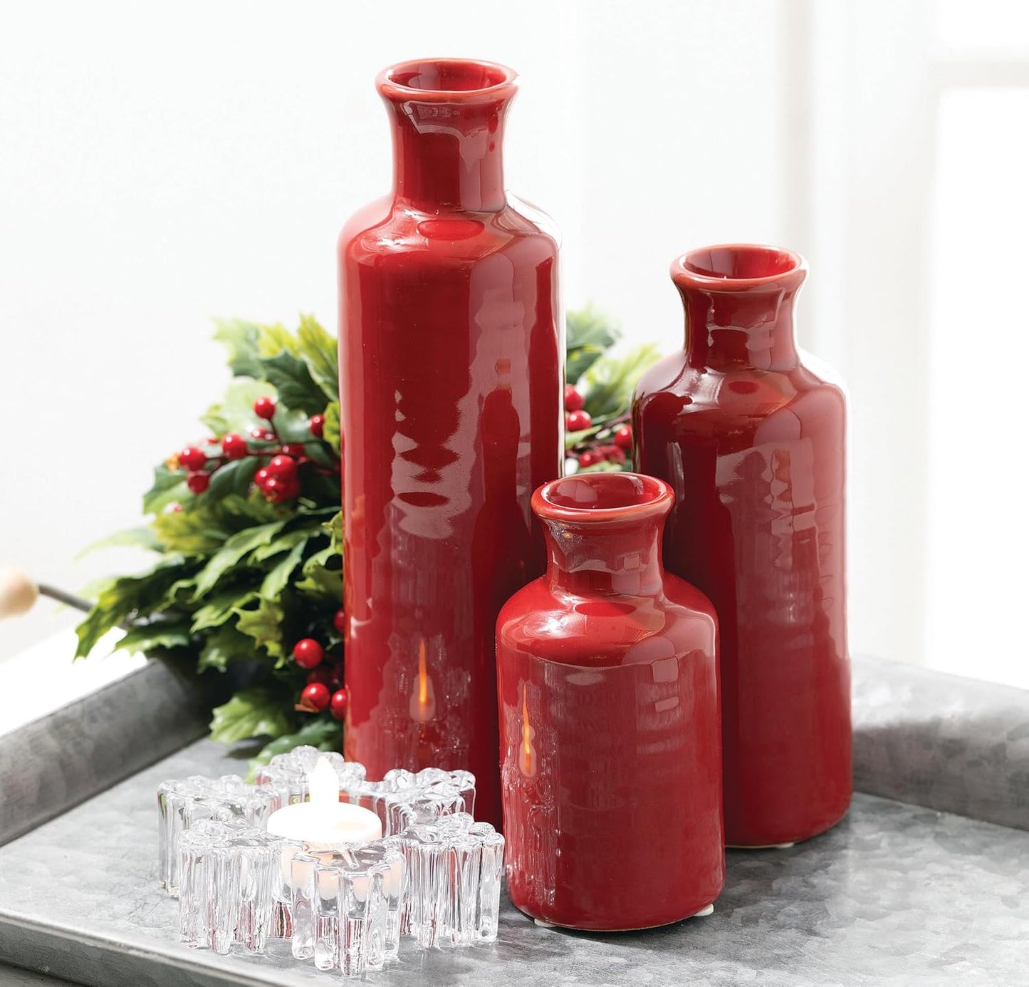 Red Vase Set - Boho Farmhouse Decor for Kitchen, Bedroom & Living Room - CM2407