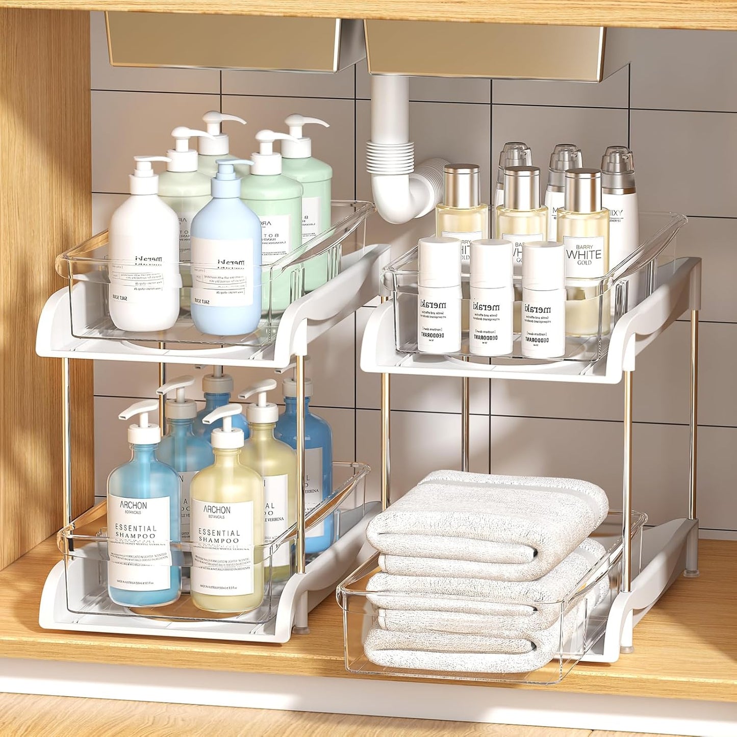 Sevenblue Under Sink Organizer - 2-Tier Kitchen & Bathroom Storage with Sliding Drawer & Hooks | Clear