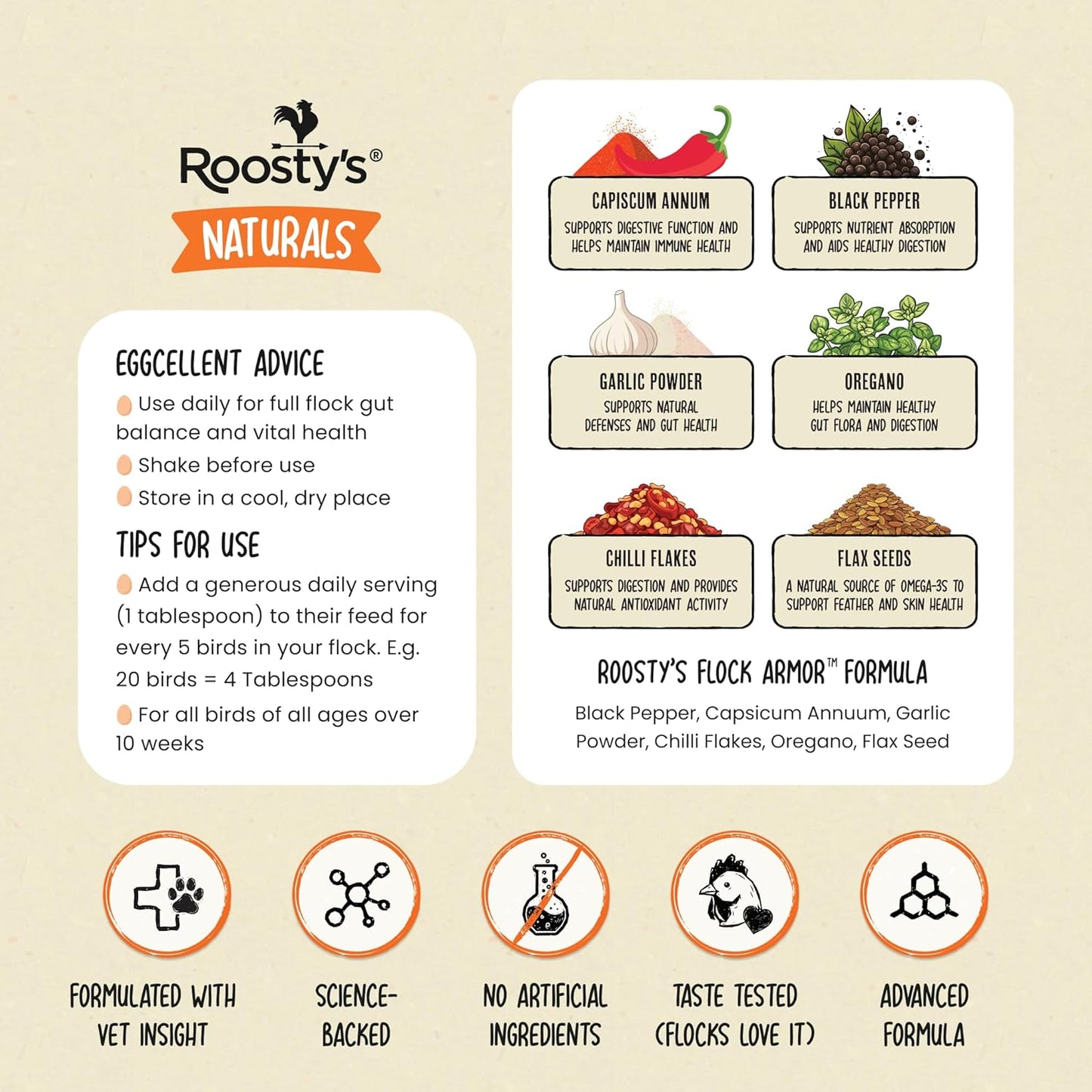 Roosty's Naturals Flock Armor - All-Natural Chicken De-Wormer Powder | Chili Mix | XL 1LB Pouch
