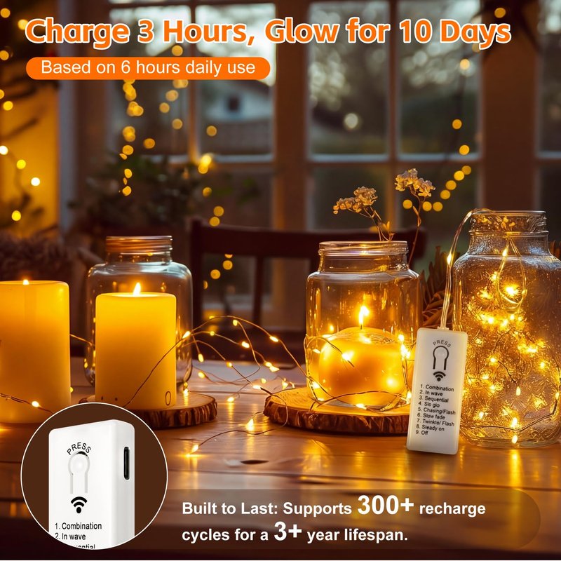 SINAMER 6 Pack Rechargeable Fairy Lights with Remote & DIY Timer, 7ft 20LED Dimmable Silver Wire String Light for Mason Jar, Mini Twinkle Lights for Indoor Christmas Bedroom Wedding Decor, Warm White