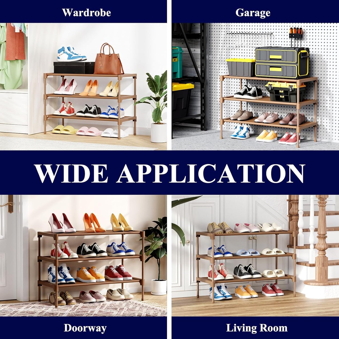 Kitsure Shoe Rack - Stackable Non-Woven Shoe Organizer for Closet & Entryway | 3-Tier, 27.5" Wide, Brown