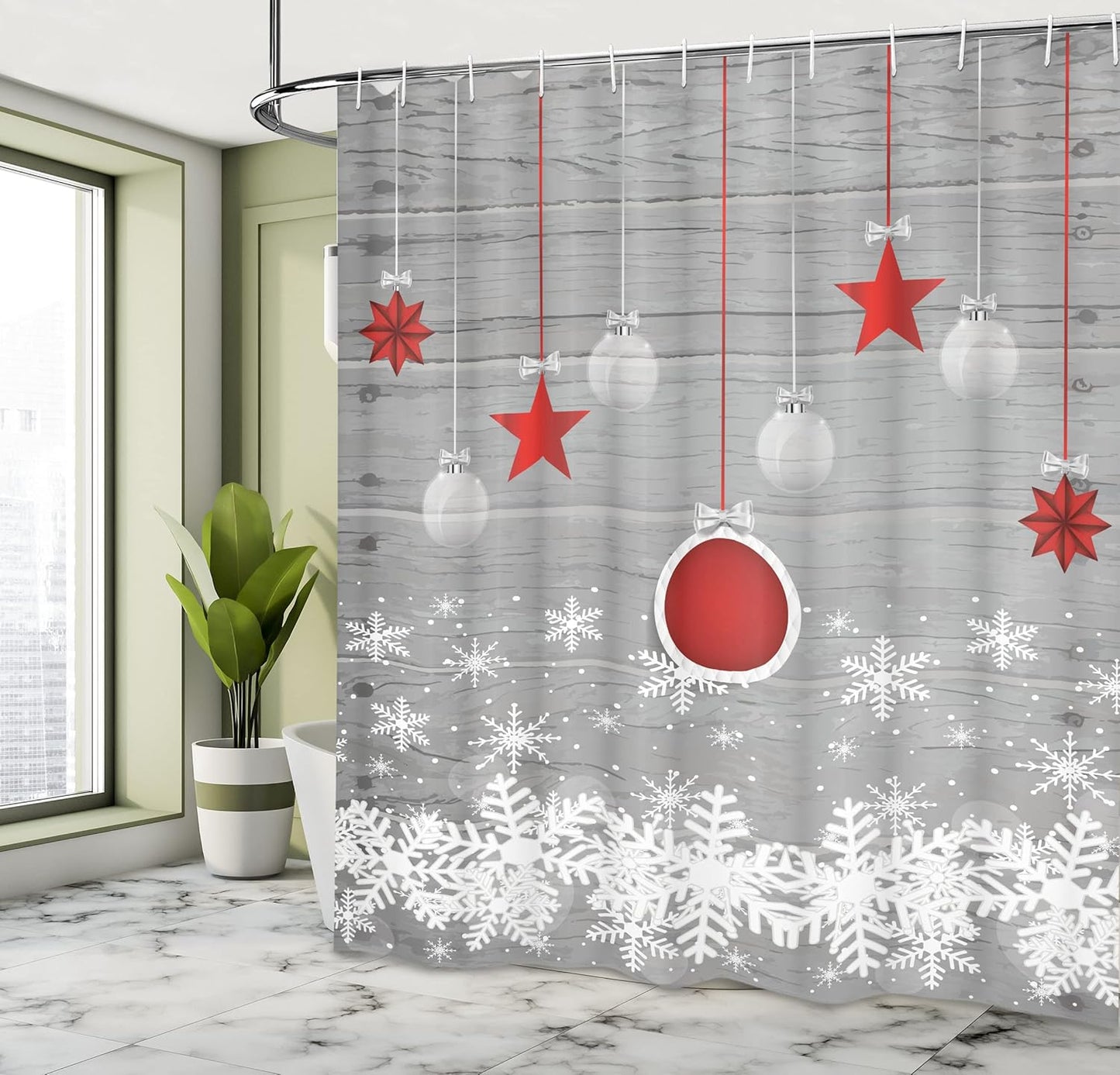 Traditional Christmas Shower Curtain Set with Hooks - Festive Stars & Snowflakes, 69x70" - Grey Red White