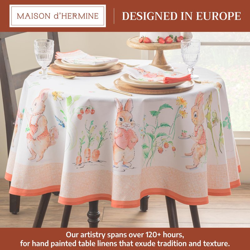 Maison d' Hermine Table Cloth Round Table 100% Cotton 63 Round Inches Tablecloth Reusable Decorative for Dining Kitchen Room Farmhouse Home Gifts for Mothers Day Spring Summer - Bunny Party