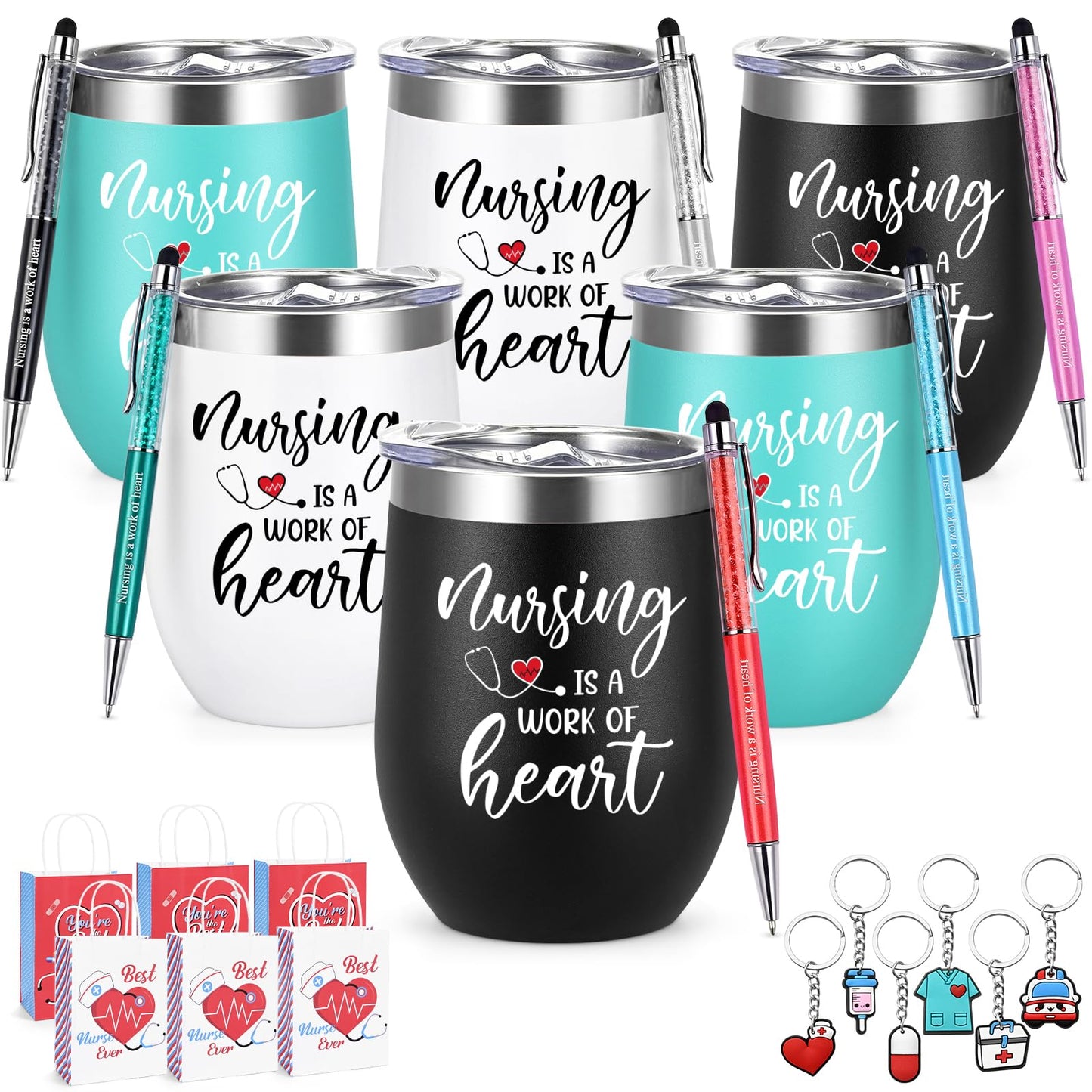 Lifecapido Nurse Gifts, Nurse Week Gifts, Nursing is a Work of Heart 6 Pack Insulated Wine Tumbler, Nurse Gifts Bulk with Key Chain Paper Bags, Appreciation Graduation Retirement Gifts for RN Nurse