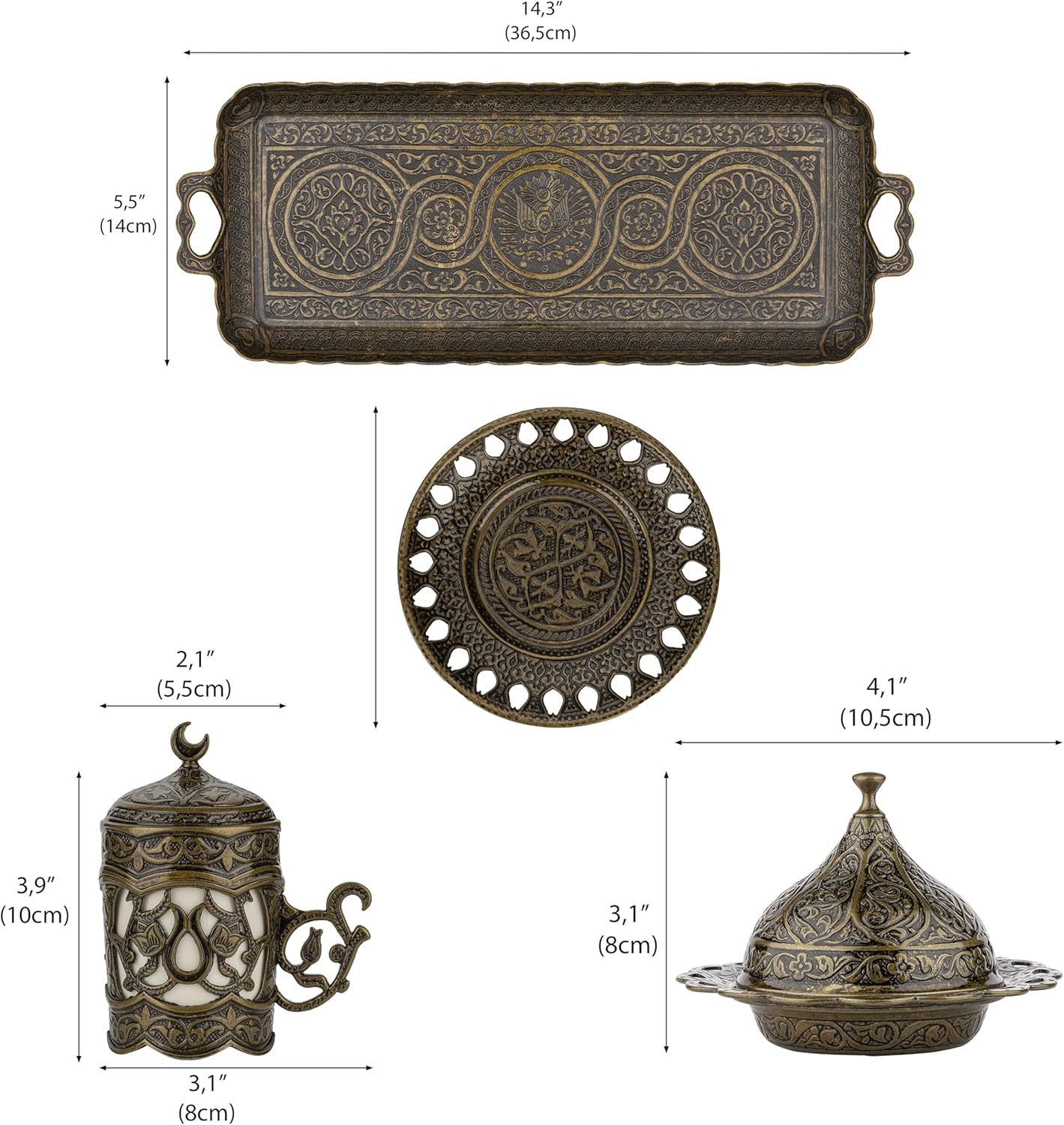 Alisveristime Ottoman Turkish Greek Arabic Espresso Coffee Cups with Saucer and Lid (Set of 2) (Hilal) (Silver)