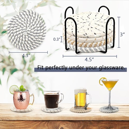 Farmhouse Coasters Set of 8 for Drinks, Absorbent Woven Coaster Set with Holder Cute Cloth Coasters for Home Decor Coffee Table Office Desk, Handmade Boho Decor Tabletop Protection