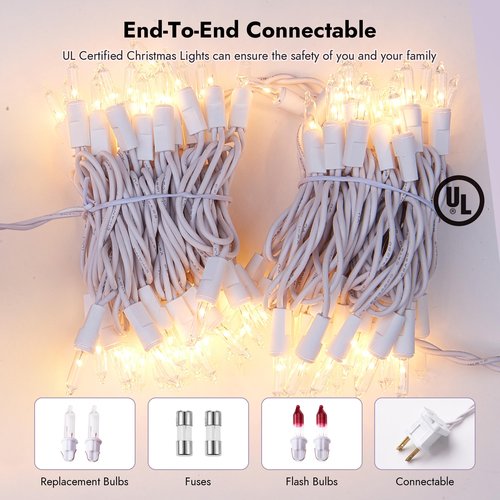 Dirnun Christmas Lights Clear White 100 Count Incandescent Light UL Certified Connectable Christmas Tree Lights with White Wires for Indoor Outdoor Xmas, Wedding, Holiday, Party, Home Decorations