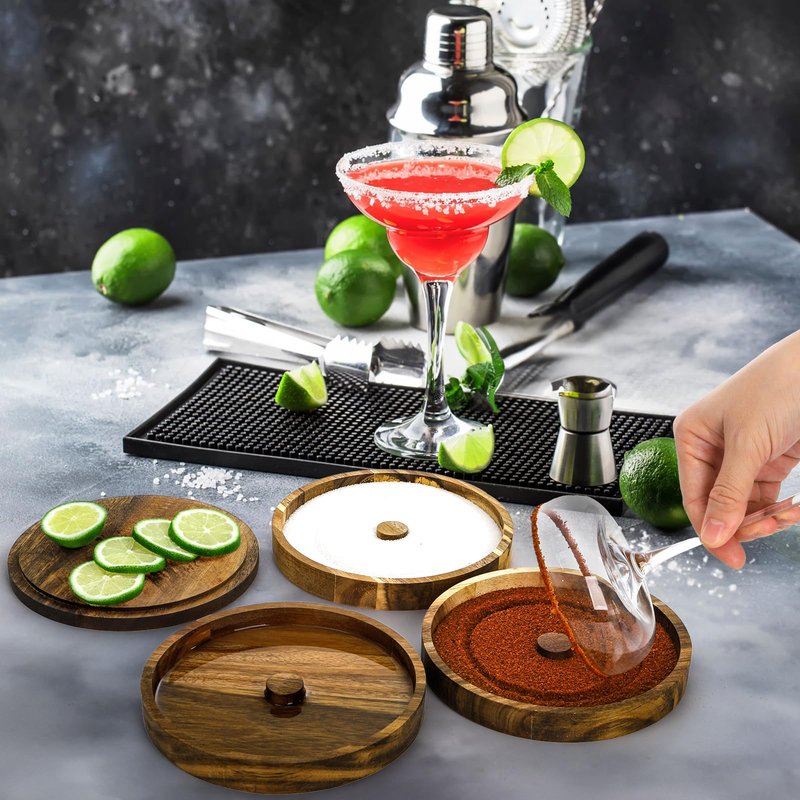 Nagpew 3 Pieces Margarita Salt Rimmer Set, Acacia Wood Glass Rimmers with Lids, Stackable Bar Rimmer Tray Spice Sugar Container for Cocktail, Home Bar, Bartenders, Glass up to 5.5''D