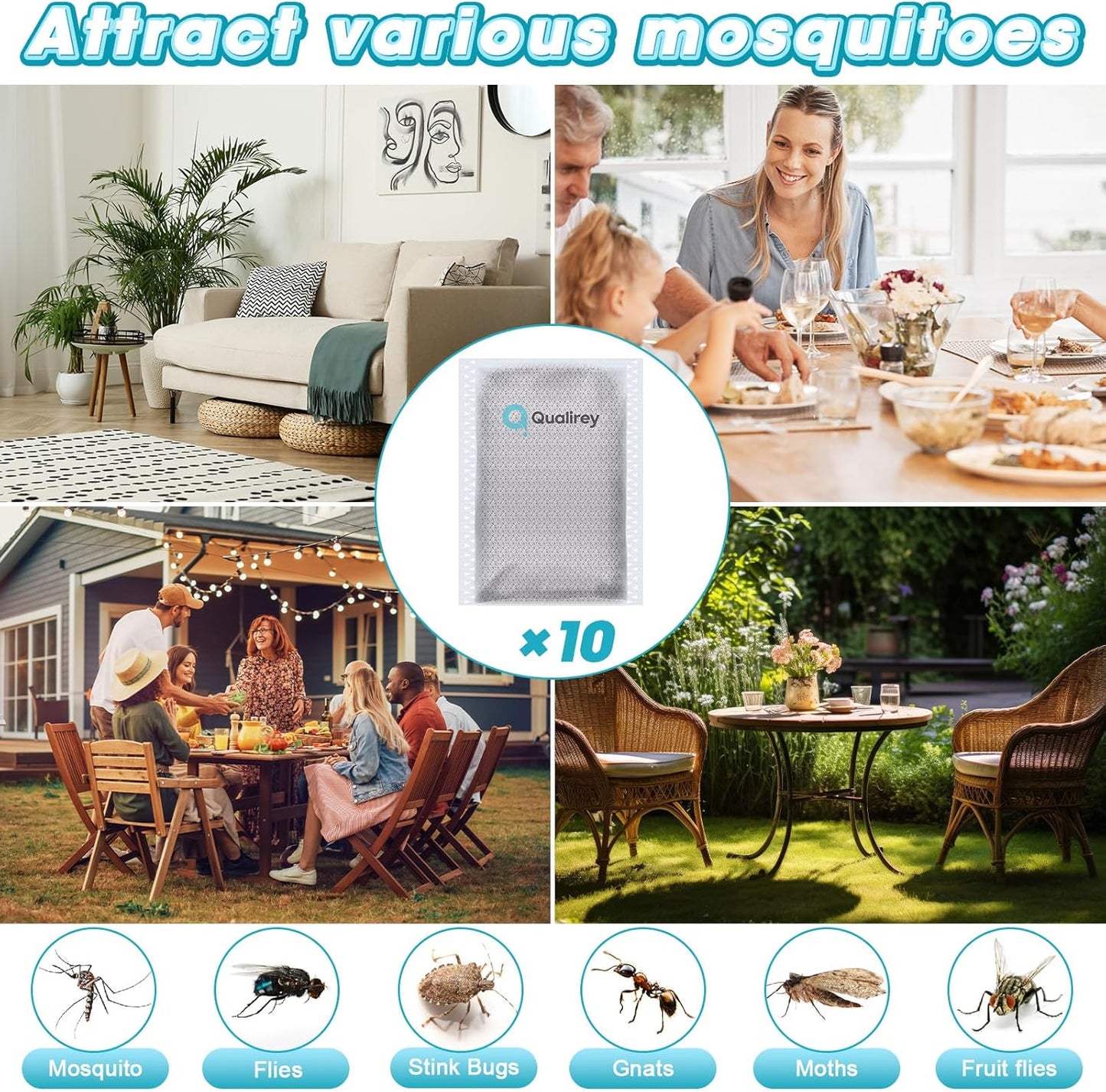Qualirey Mosquito Attractant - 10 Pack Bulk Refill for Bug Zapper | Safe & Long-Lasting Lure for Indoor/Outdoor Traps