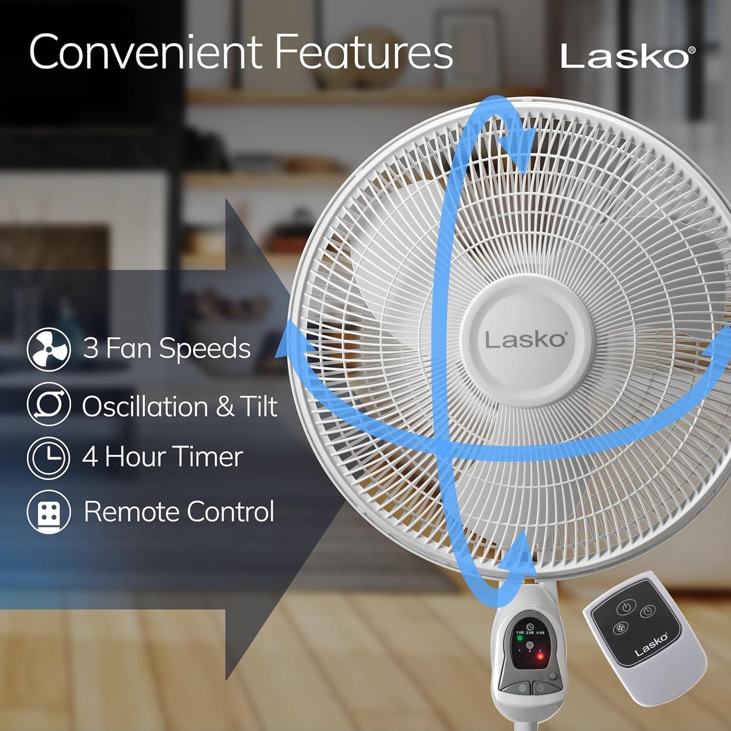 Lasko Elegance and Performance Pedestal Stand Fan, 3-Speeds, 90 Degree Oscillation, Adjustable Height, Timer, Remote for Indoor, Bedroom, Living Room, Home Office, Dorm Use, 18 Inch, White, 1850
