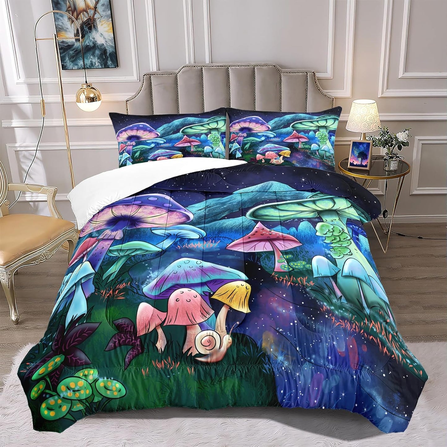 Cute Cartoon Dinosaur Bedding Set, Ultra Soft Full Size Comforter Set for Boys, Lovely Dinosaur Printed Comforter for Kids Teens, Dark Blue Microfiber Quilt for All Season 3Pcs with Pillowcases