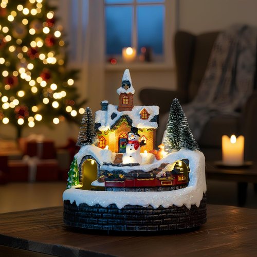 Candieslife Animated Musical Christmas Snowman Decoration - Rotating Train with Warm Lights | Festive Tabletop Ornament