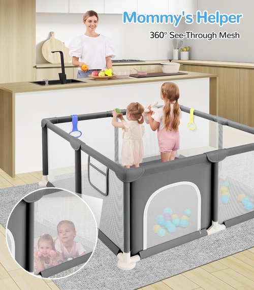 Dripex Baby Playpen - 47"x47" Enhanced Safety Play Yard for Indoor & Outdoor Use | Soft Mesh, Anti-Fall Design, Grey