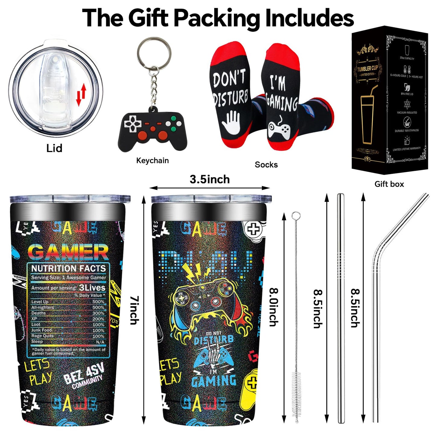 DOEARTE Gamer Gifts - Gifts for Gamers Men - Gaming Gifts for Men, Teenage, Teen Boys, Boyfriend - Birthday Christmas Gift Set for Gamer - 20oz Gaming Tumbler