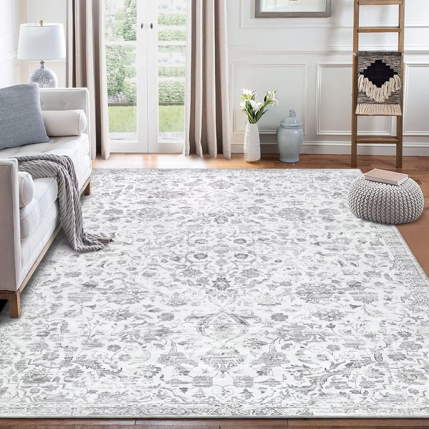 GlowSol Washable Rug 5x7 Floral Area Rug Non Slip Non Shedding Fluffy Pile Rug Throw Rug Ultra-Thin Indoor Floor Carpet for Bedroom Living Room Nursery, Grey