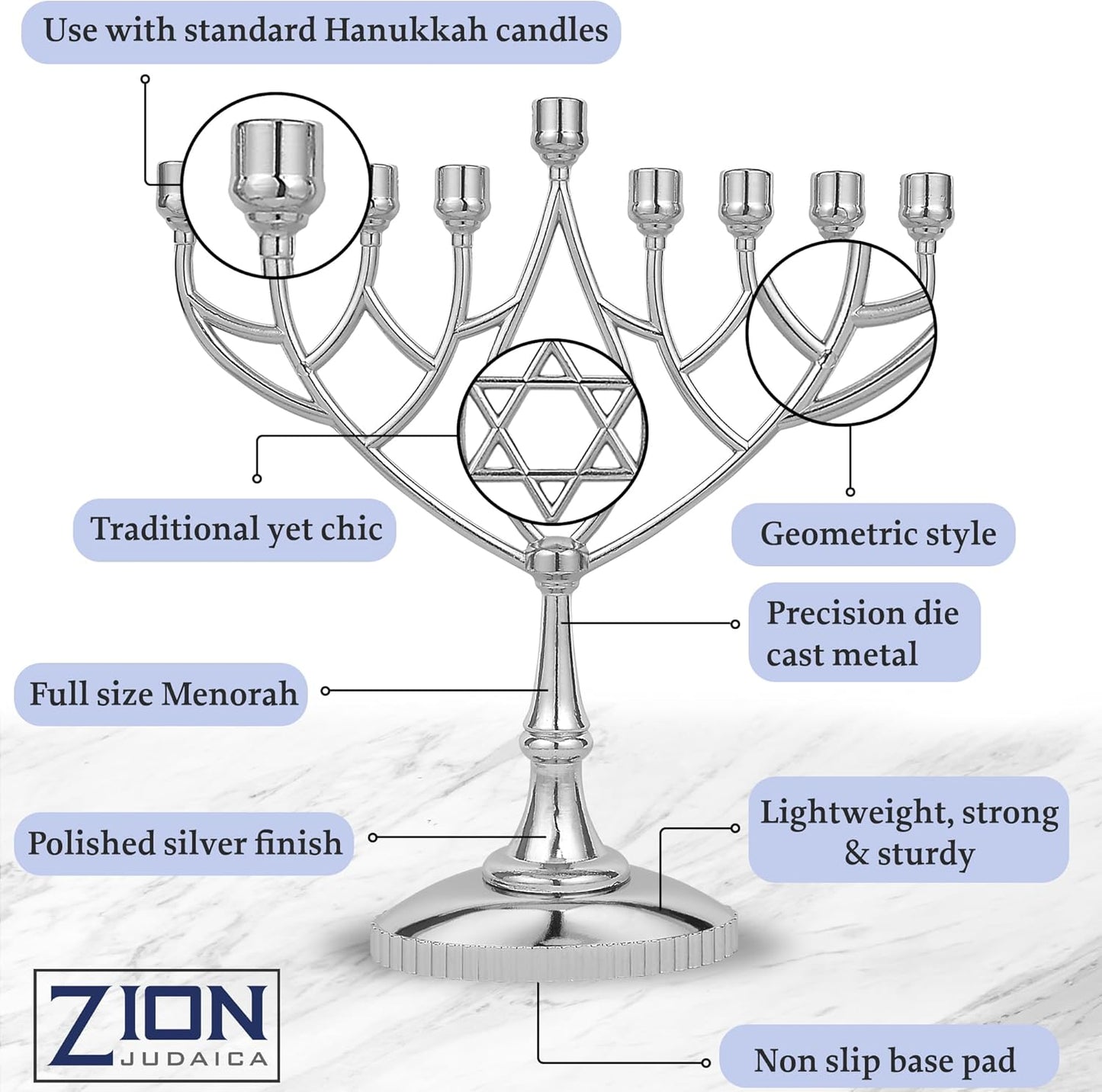 Silver Plated Geometric Hanukkah Menorah - 9" Classic Chanukah Candle Holder by Zion Judaica