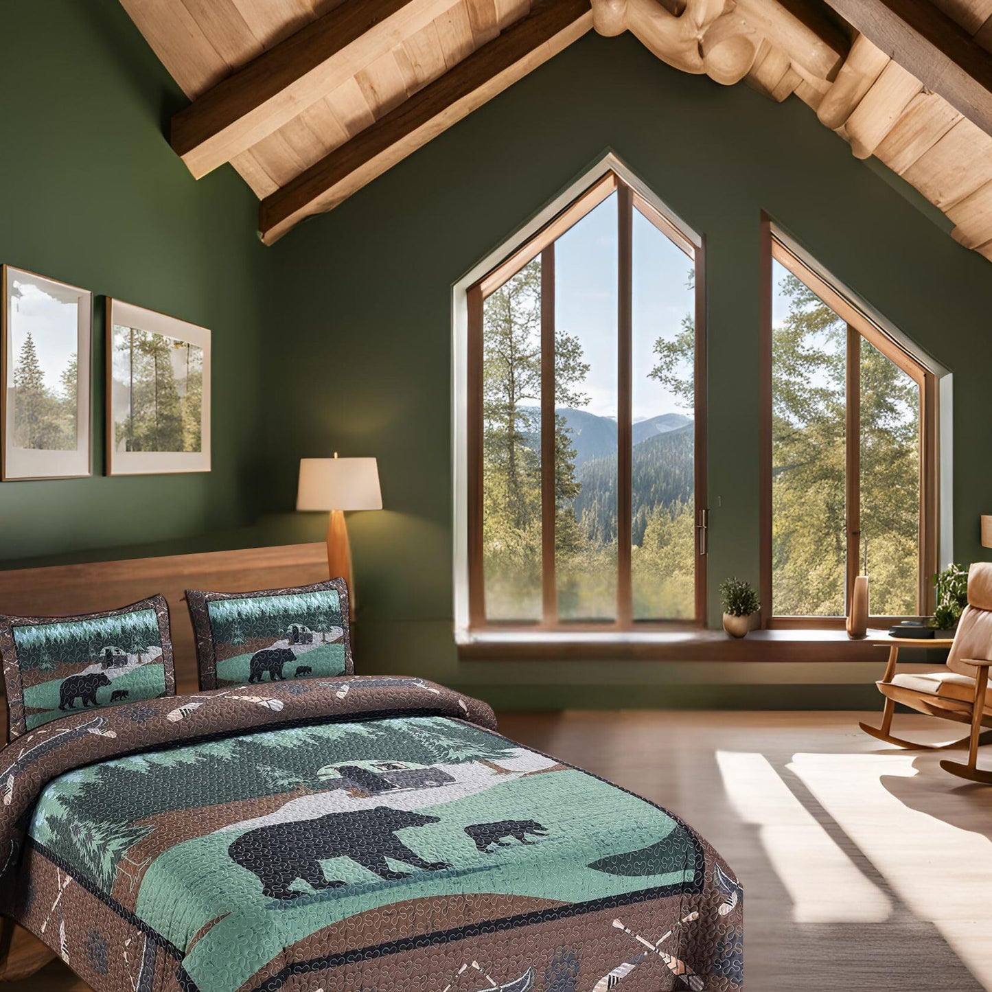 BestGiftEver Quilt Queen Size with Unique Bear RV Park Theme Print Design, Cabin Lodge Quilted Bedspread Coverlet, 3-Piece Rustic Bedding Set with Queen Quilt and 2 Pillow Shams for Nature Lovers