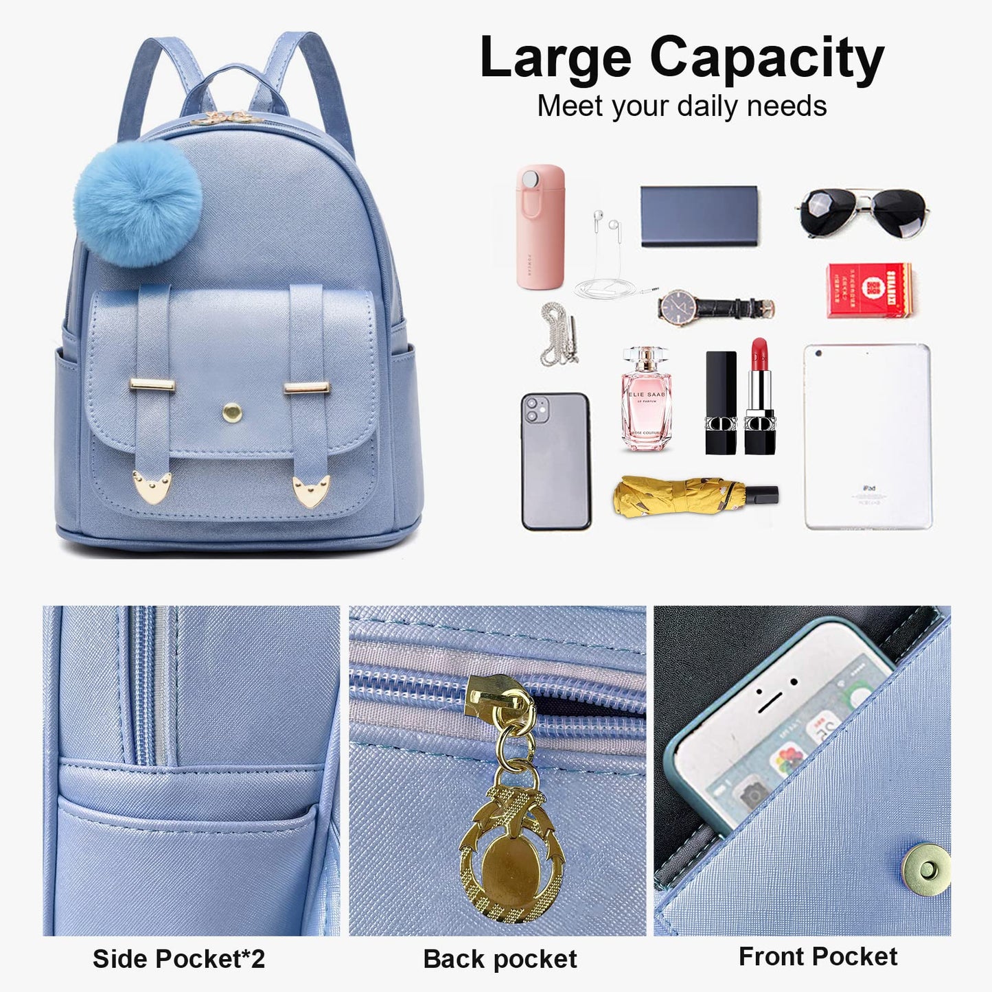 Girls Cute Mini Backpack Purse Fashion School Bags PU Leather Casual Backpack for Teens Women (Bright Blue)