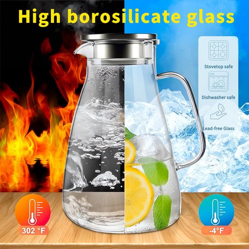 FrutPunch 2 Liter 68 oz Glass Pitcher with Lid, Modern Design, Transparent, Leakproof, Wide Mouth, With Handle