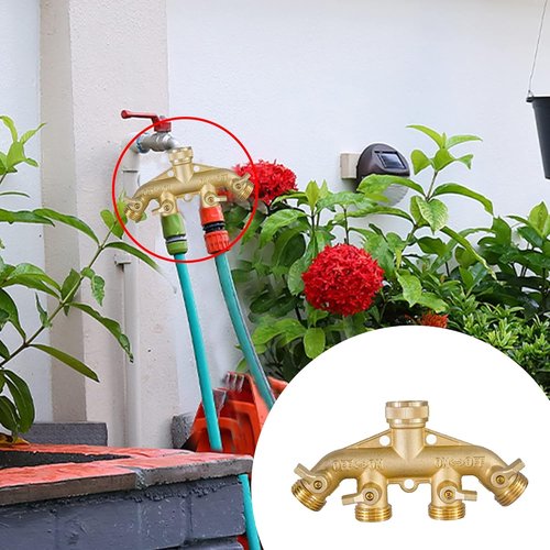 Hourleey Brass Garden Hose Splitter - 4-Way Solid Brass Connector with 4 Valves & Extra Washers