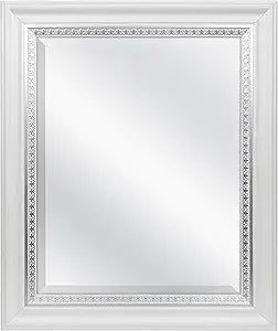 MCS 16x20 Large Wall Mirror, White Woodgrained Frame with Silver Embossed Detail & Beveled Detail Mirror, Vertical & Horizontal Wall Hanging Mirror for Bathroom, Bedroom & Livingroom