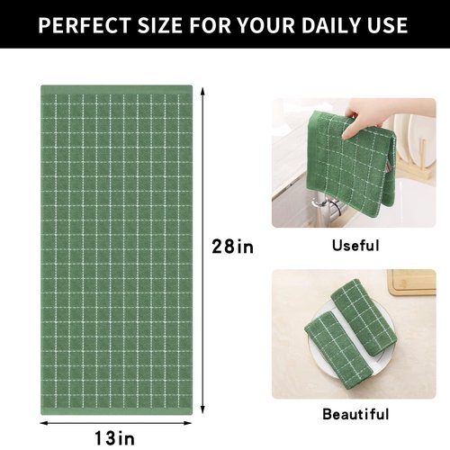 Homaxy 100% Cotton Terry Kitchen Towels(Grass Green, 13 x 28 inches), Checkered Designed, Soft and Super Absorbent Dish Towels, 6 Pack