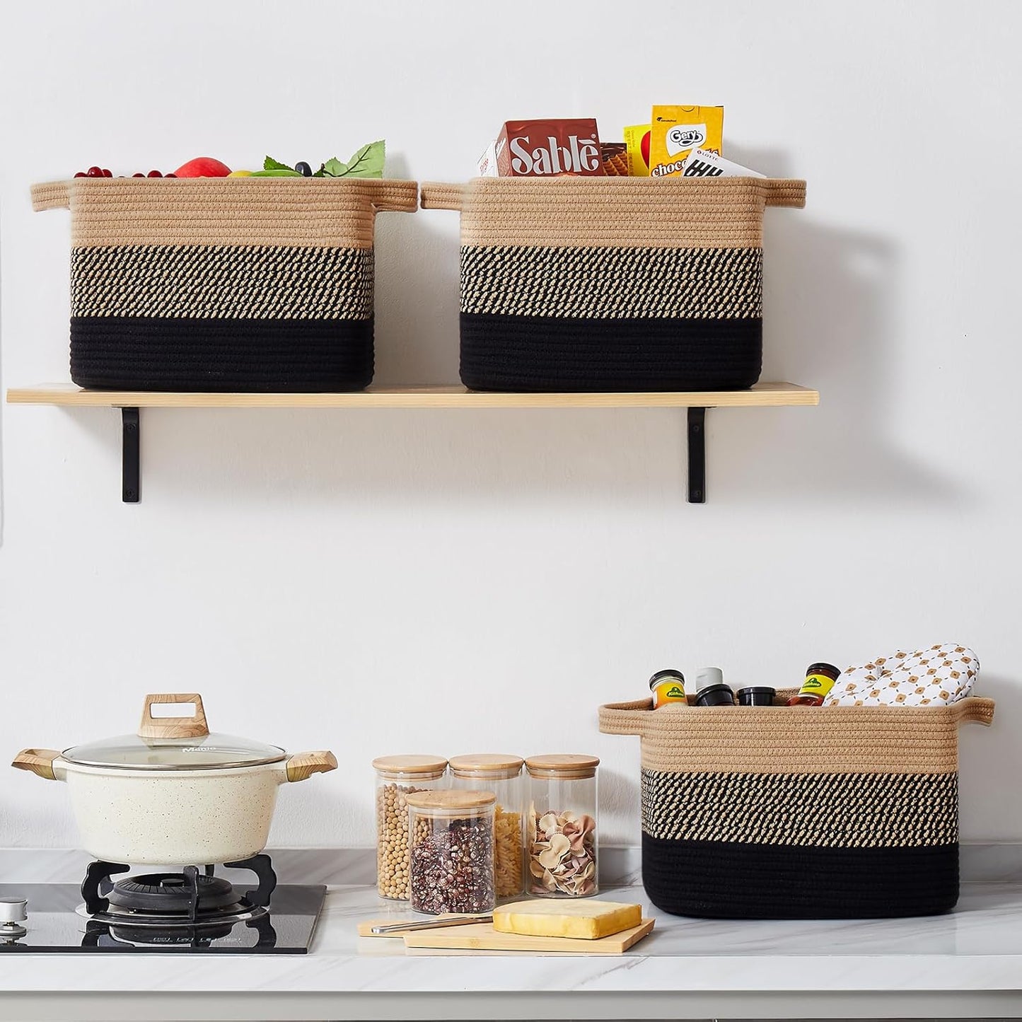 OIASKET Storage Basket - Woven Organizing Bins for Toys, Books, Nursery | Pack of 3 (Black & Brown, 13"x9.85"x8.7")