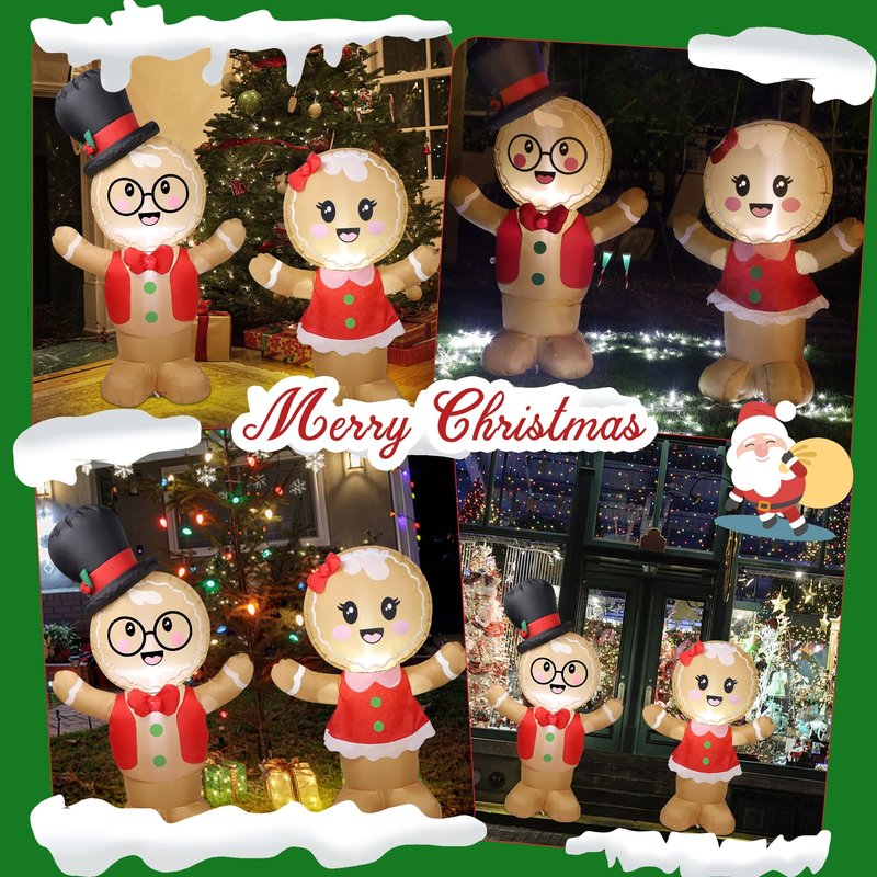Joliyoou Christmas Inflatable Decoration, 5FT Set of 2 Blowup Welcome Gingerbread Man Couple, Adorable Xmas Inflatable Ginger Bread Man for Winter Holiday Garden Yard Lawn Outdoor Indoor Decor