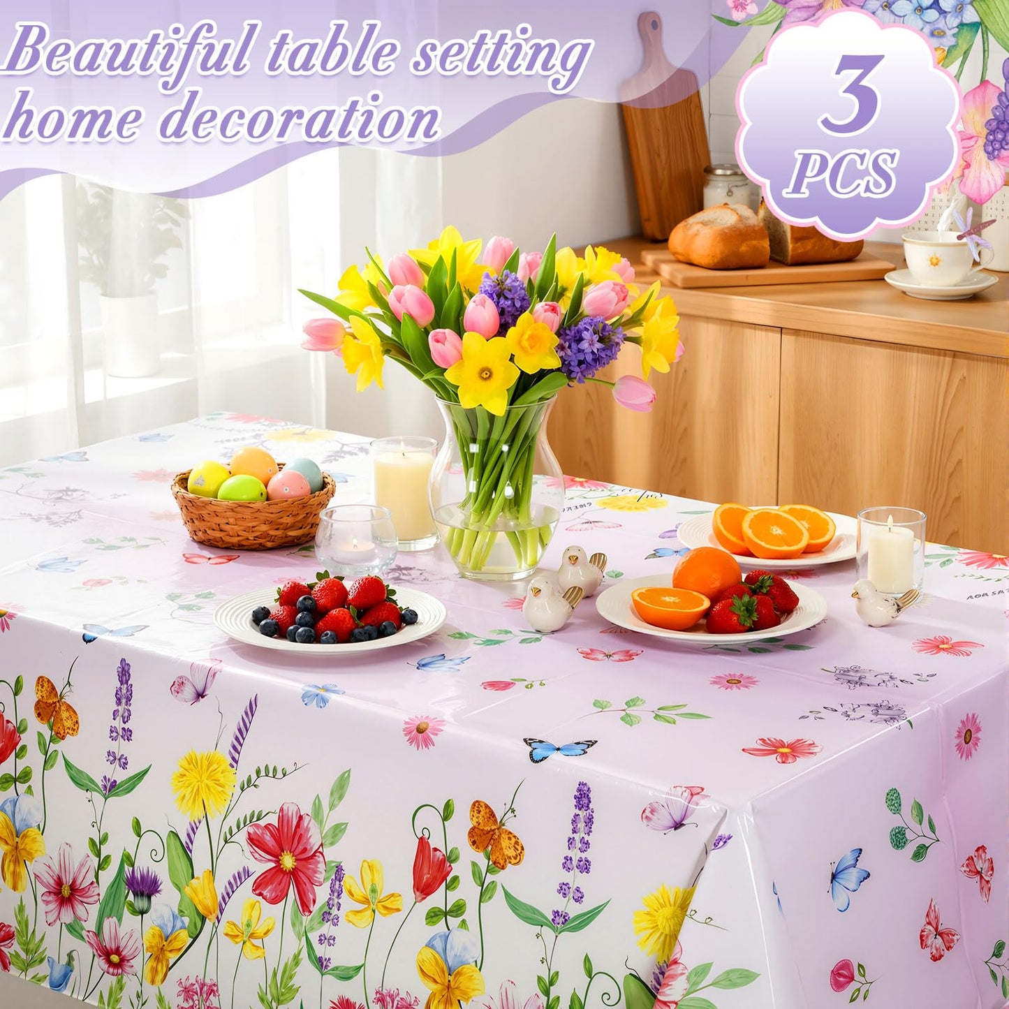 Oudain 3 Pcs Easter Tablecloth Decorations - 54×108 Inch Spring Flower Disposable Plastic Waterproof Pastel Garden Floral Table Cover Runner Rectangular for Easter Brunch Baby Shower Wedding Party