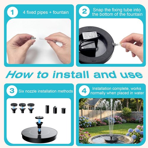 AMZtime Solar Fountain - 2026 Upgrade Bird Bath Water Feature with 6 Nozzles & 4 Fixed Rods | Perfect for Garden, Pool, Pond, and Patio