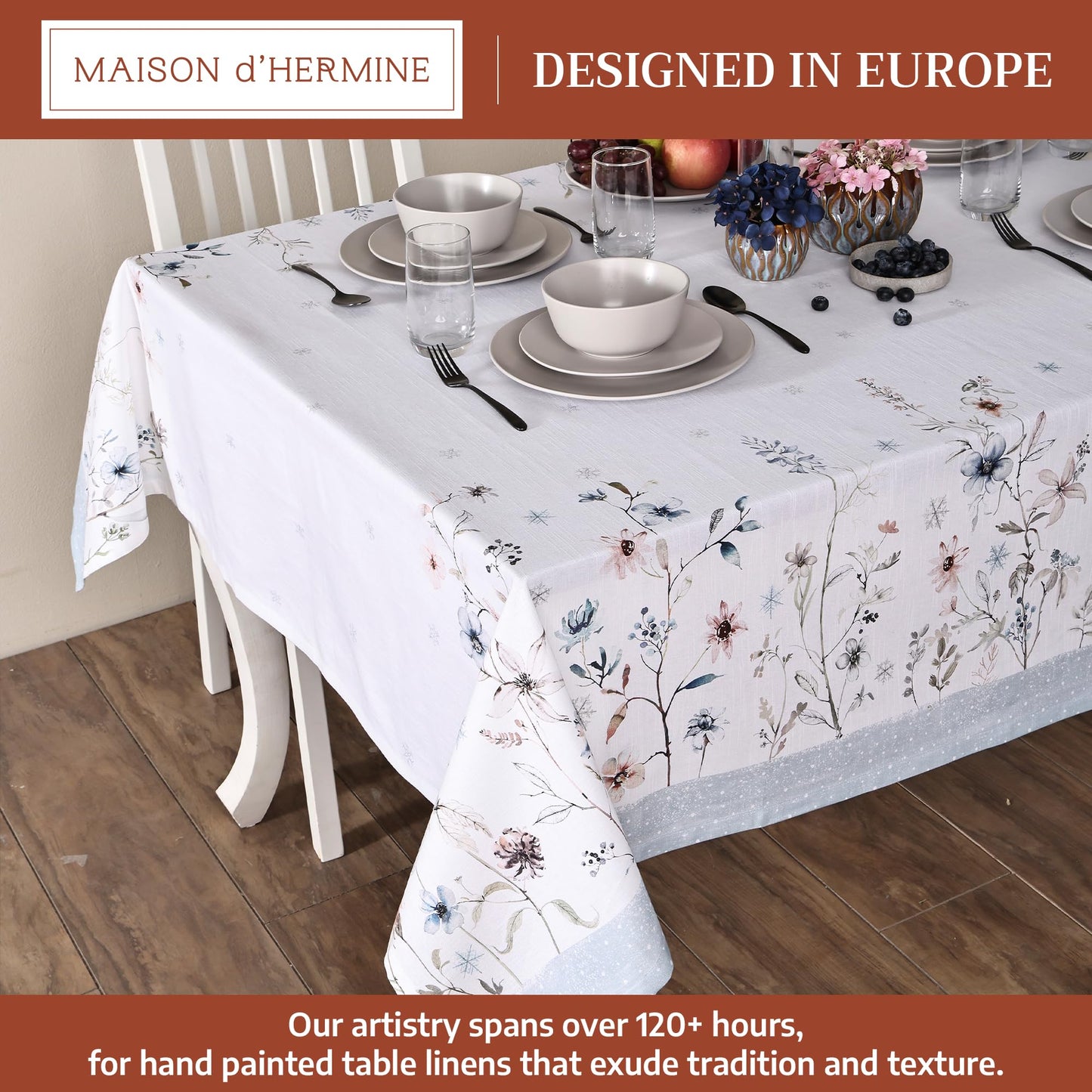 Maison d' Hermine Table Cloth Rectangle Table 100% Cotton 54 x 72 Inches Fall Tablecloth Reusable Everyday Use for Thanksgiving Christmas Decorations Dining Farmhouse Party (Ice Florals)