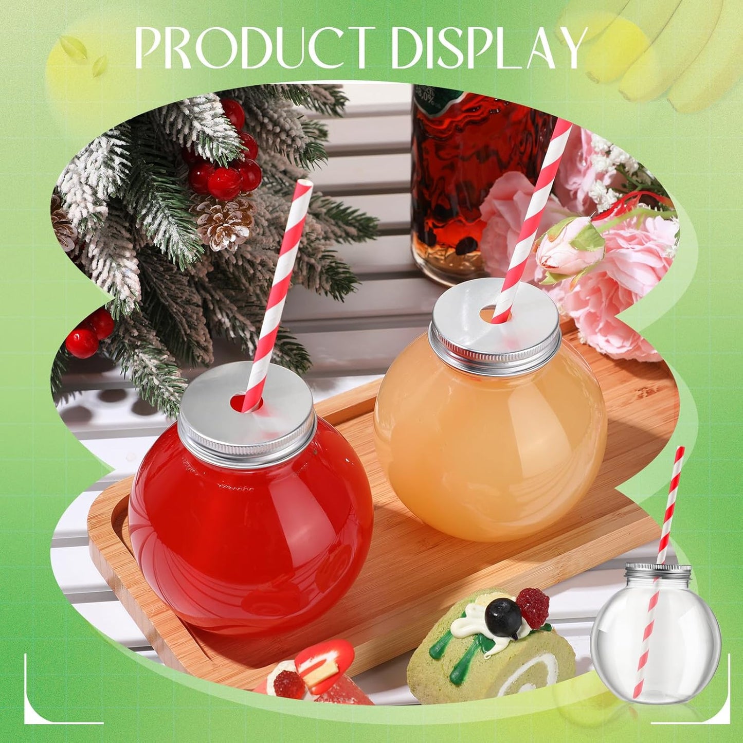 Yaomiao 24 Pcs 10 oz Mini Plastic Fish Bowl Ornament Cups for Drinks Clear Spherical Potion Bottles with Lids and Straws Bulb Cups for Christmas Carnival Candy Party Decorations (Red)