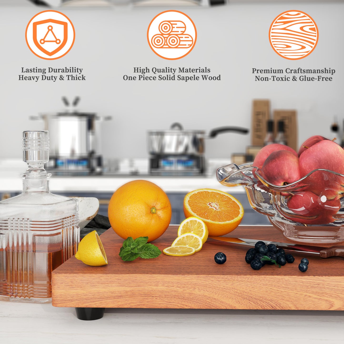 Brosisincorp Solid Sapele Wood Cutting Board - Large 15.74" x 11.81" x 1.18" Thick, Non-Toxic, Heavy-Duty Butcher Block with Rubber Feet for Kitchen