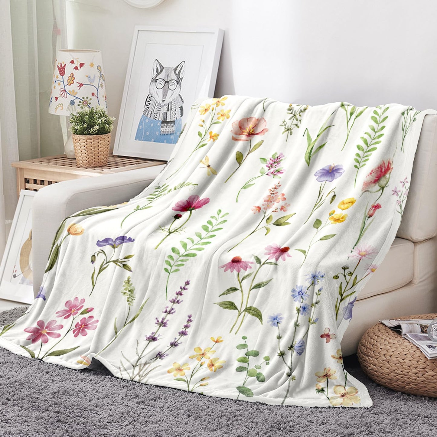 Tupmnbry Wildflowers Throw Blanket Botanical Floral Printed Blanket Super Soft Flannel Throw Blanket Lightweight Fluffy Plush Fuzzy Bed Blanket for Bedding Sofa and Travel 50"X60"