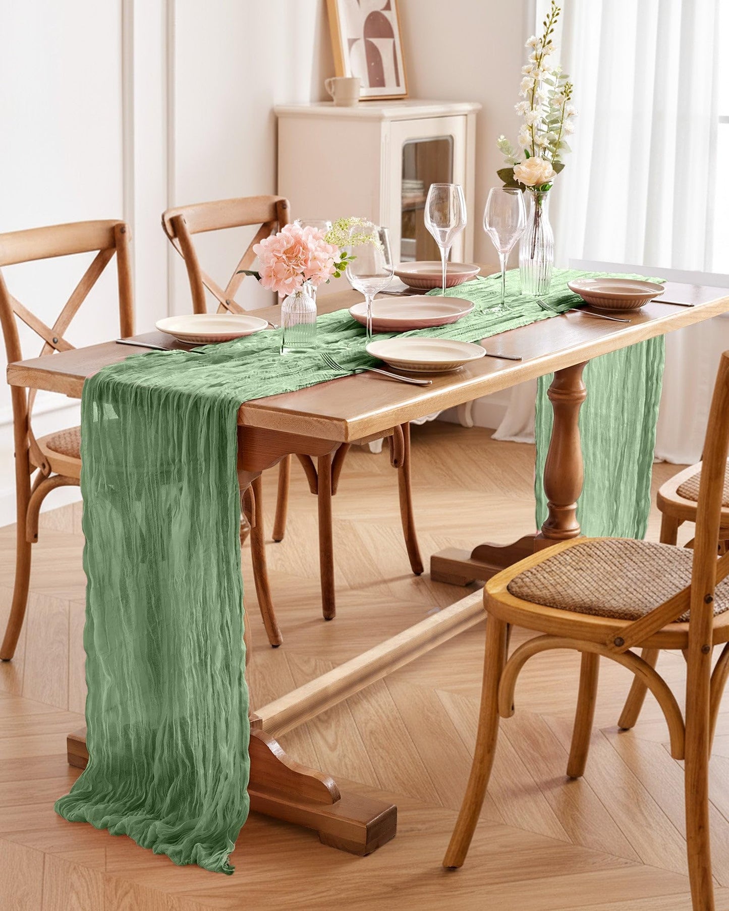 Pureegg 2-Pack Cheesecloth Table Runner, 120'' Easter Spring Boho Gauze Table Runner Decorations for Party, Baby Shower, Wedding and Farmhouse, Fabric Room Decor, Sage Green