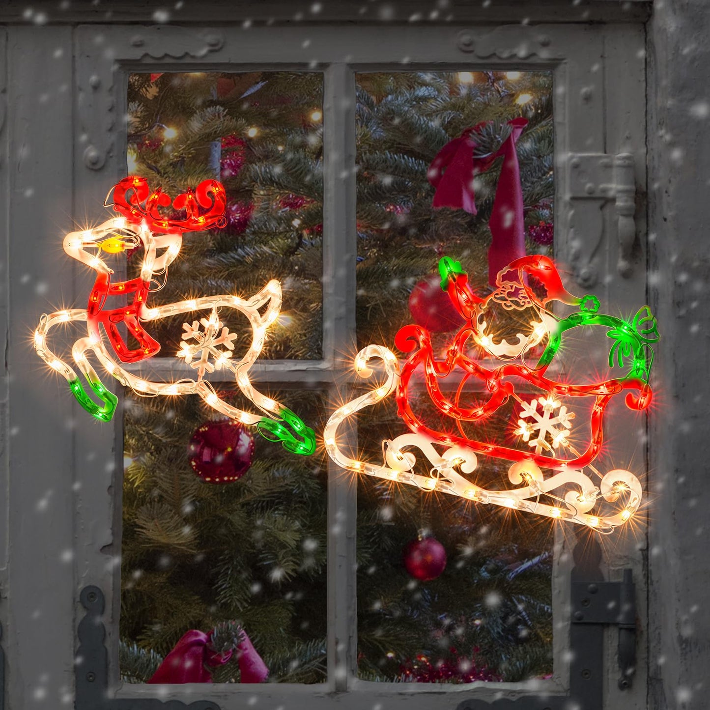 JUSTPRO 50L Lighted Christmas Sculpture,Including: Deer x1,Santa and Sleigh x1, for Holiday Indoor and Outdoor Wall Door Christmas Window Decorate