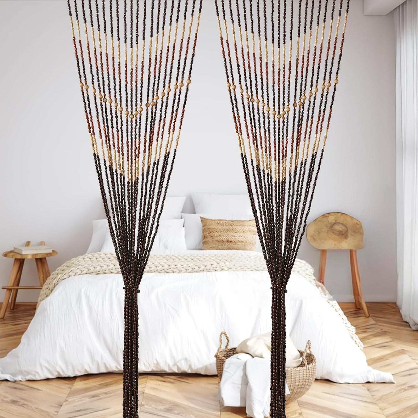 35.5" x 75" Bamboo and Wood Beaded Curtain for Doorway 52 Strands Handmade Bohemian Door Beads Curtain Boho Hanging Room Divider for Bedroom Living Home Deco, Beige