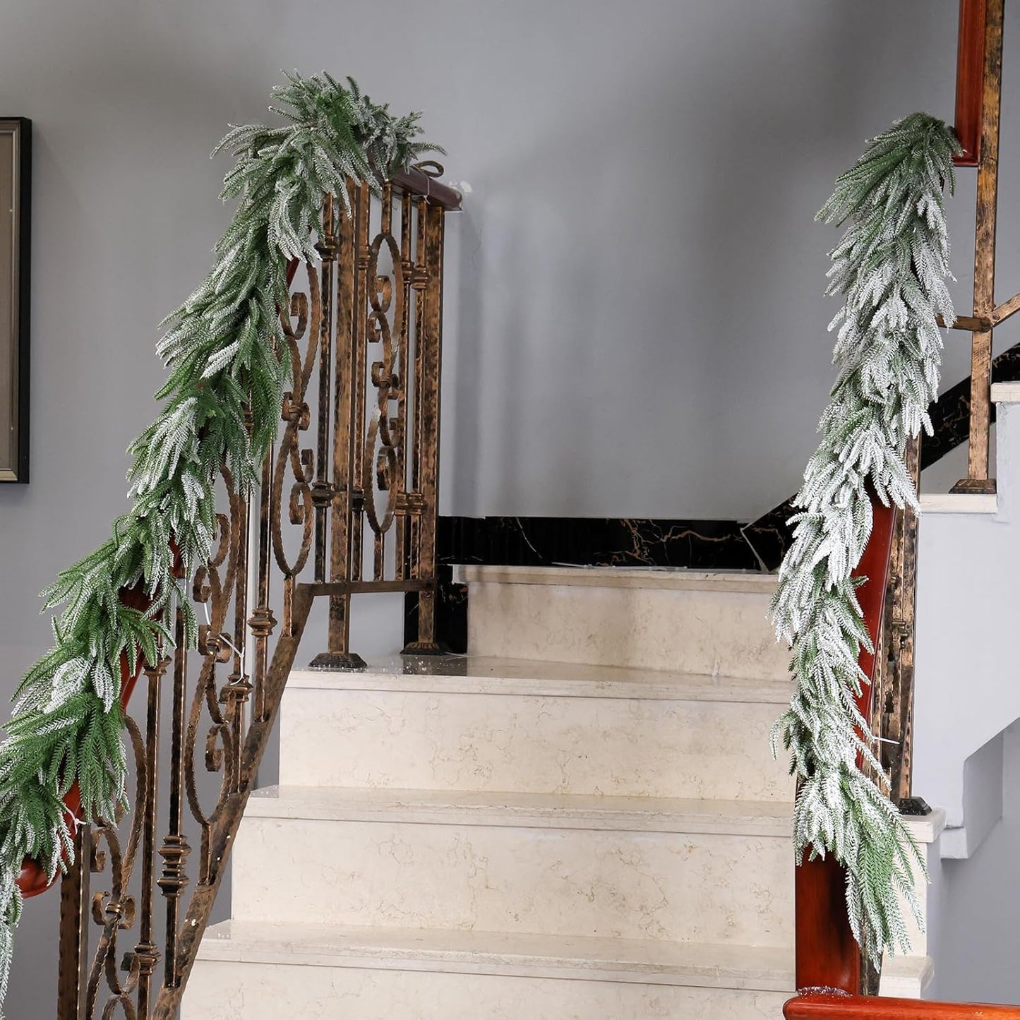 Snow Flocked Norfolk Pine Garlands, 108 Inch Real Touch Winter Pine Garland, Green Artificial Greenery Garland for Table, Mantle, Wall, Indoor, Outdoor Christmas Decorations
