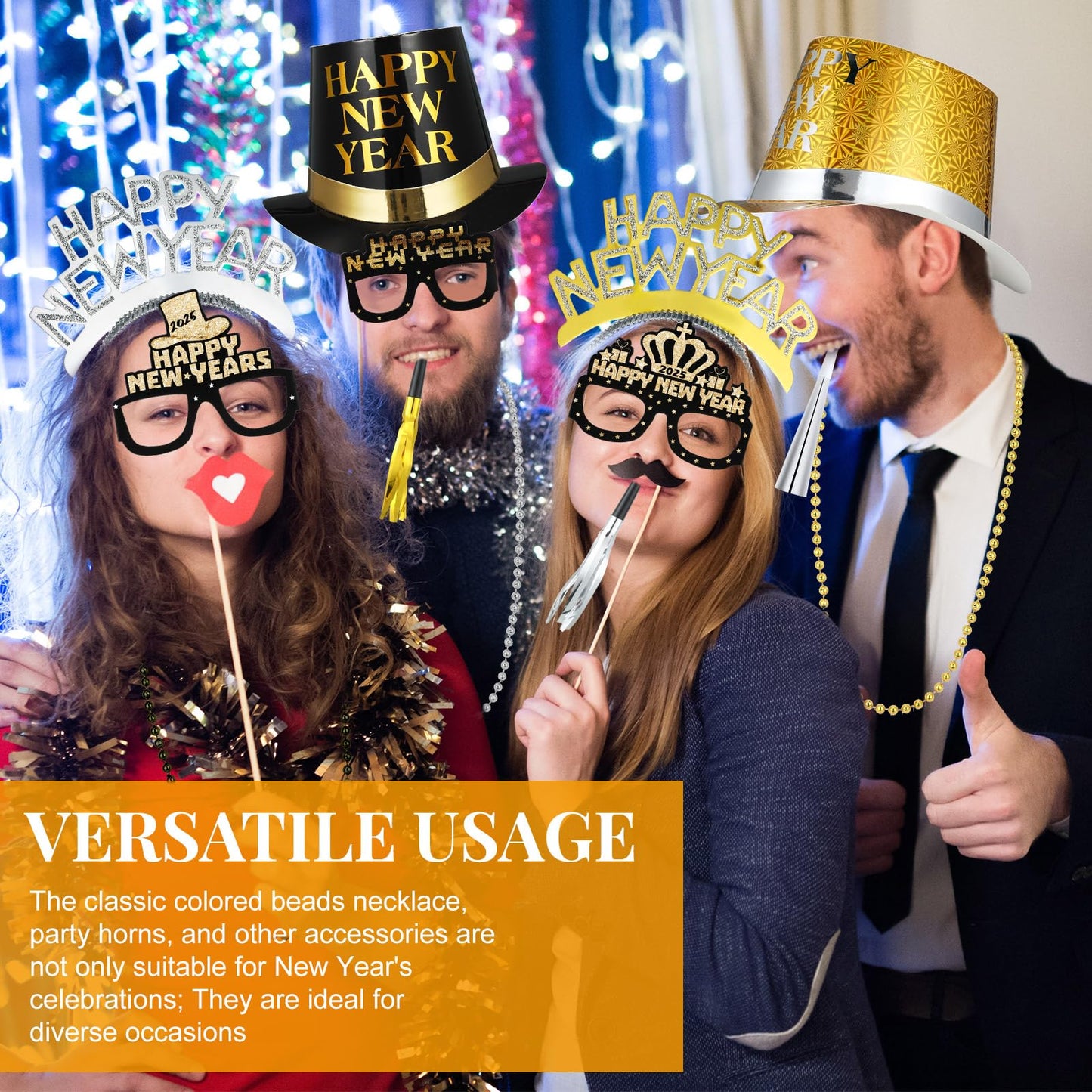 ShinyMatch 39 Pcs New Years Eve Party Supplies 2025 New Year Decorations 12 Noise Makers 3 Black Silver Gold Party Hats 6 Tiaras 6 Necklaces 6 New Year Glasses 6 Horns for New Year Favors(Eve Hat)