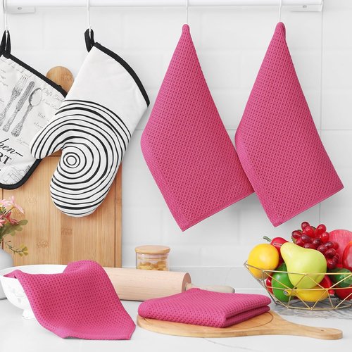 Homaxy Kitchen Dish Cloths - 100% Cotton Waffle Weave, Ultra Soft & Absorbent, 12x12 Inches | 6-Pack Hot Pink