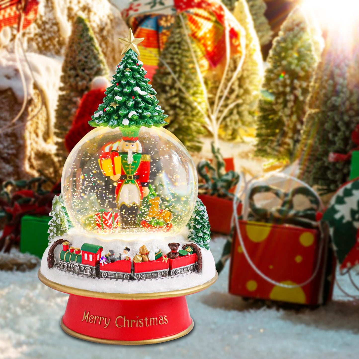 Christmas Snow Globes for Kids, Musical Snow Globe Nutcracker with Gifts Box and Train Music Glass Snowglobes Christmas Birthday Gift for Girls Kids Daughters