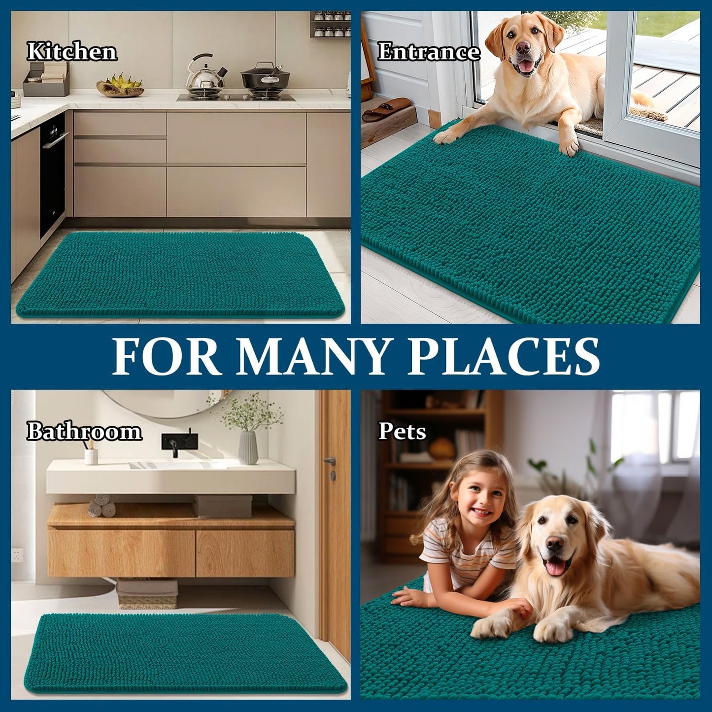 OLANLY Dog Door Mat - Absorbent Non-Slip Mud Mat for Dogs | Quick Dry Chenille, 35x24, Lake Blue