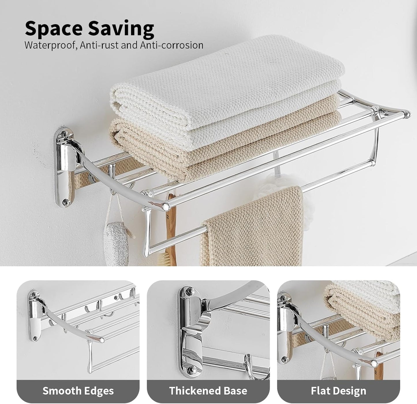BESy 24 Inch Brushed Nickel Towel Racks, Bathroom Towel Shelf with Foldable Towel Bar Holder and Towel Hooks, Wall Mounted Multifunctional Bathroom Accessories, Double Towel Bars