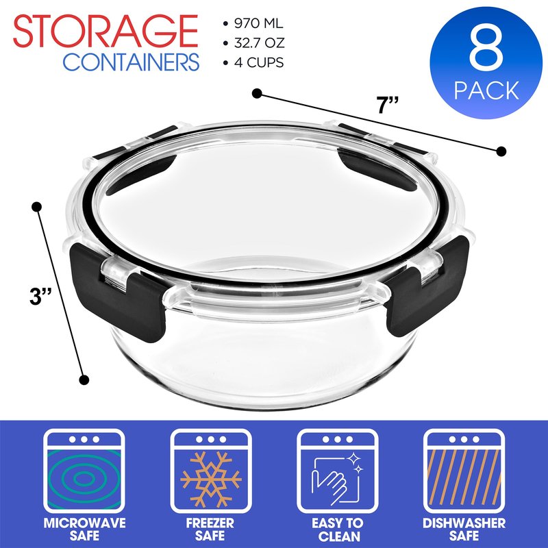 Sorbus 16pc Glass Meal Prep Containers Set – 8 Round 32oz Containers with Airtight Lids – Freezer, Dishwasher, Oven Safe – Reusable Food Storage Bowls, 4 Cup Capacity for Meal Prep and Storage