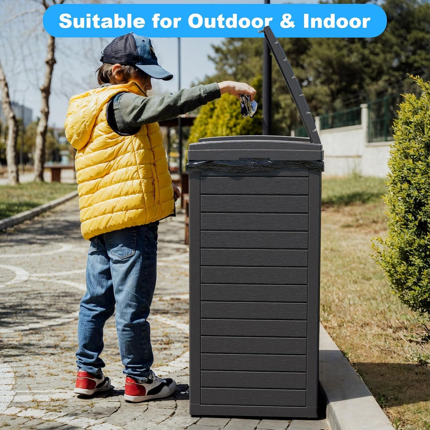Skiennix Outdoor Trash Can - Waterproof Resin Garbage Bin with Dual Lid & Pull-Out Drawer | 38 Gallon, Black