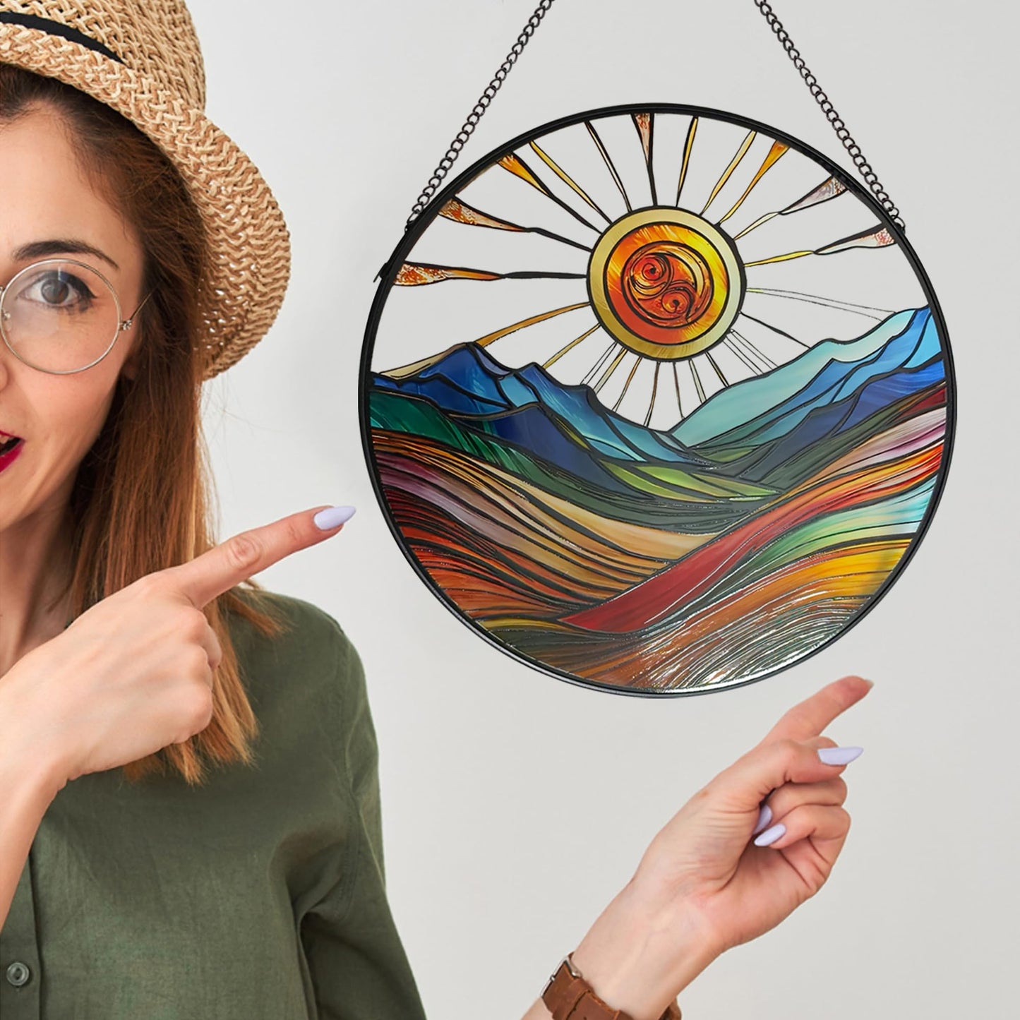 ZUSANG Sun Mountains Stained Glass Window Hanging, 9.8’’Sun Catcher Glass Panel Boho Wall Art Decor with Chain, Hand Painted Round Glass Gifts for Couples, Housewarming Gift