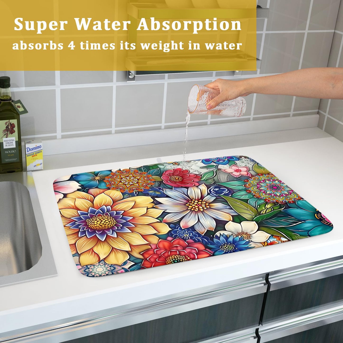 Boho Floral Dish Drying Mat for Kitchen Counter 18x24 Inch Super Absorbent Microfiber Kitchen Drying Mat Bohemian Flower Dish Drainer Rack Mat Reusable Washable Dish Drying Pad for Kitchen Coffee Bar
