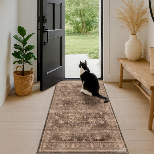 Brown Boho Runner Rug - Washable 3x6 Entryway & Hallway Floor Mat | Non-Slip, Stain & Fade Resistant
