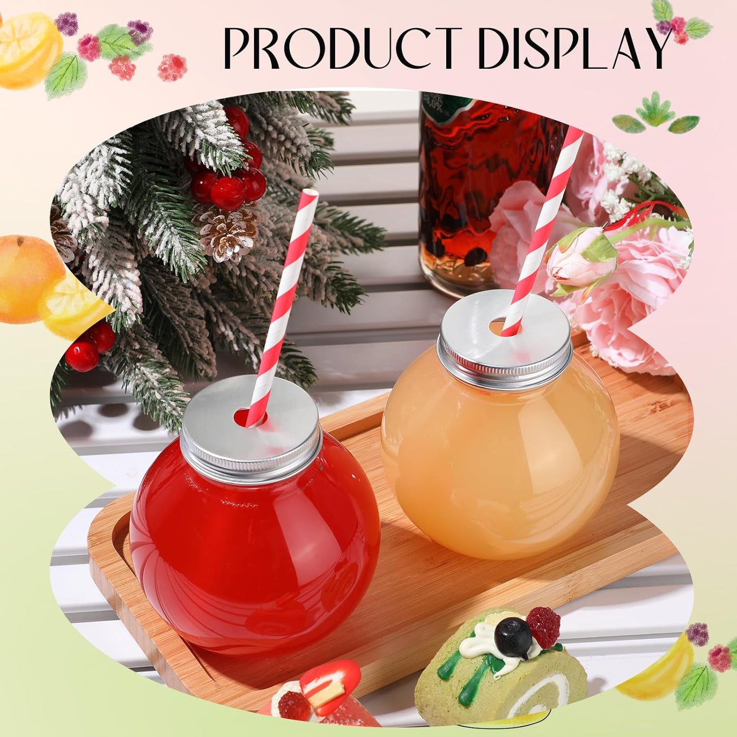 Yaomiao 24 Pcs 10 oz Mini Plastic Fish Bowl Ornament Cups for Drinks Clear Spherical Potion Bottles with Lids and Straws Bulb Cups for Christmas Carnival Candy Party Decorations (Red)